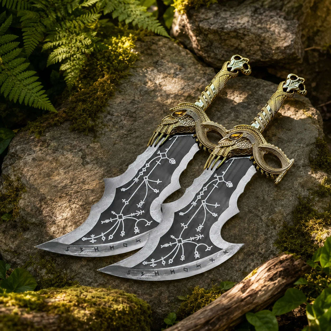 Both Kratos Blades of Chaos gold God of War prop replicas laid on mossy rock in fern forest showing twin curved dark blades with white runic engravings ornate gold dragon-eagle crossguards amber eyes and skull pommels displayed side by side