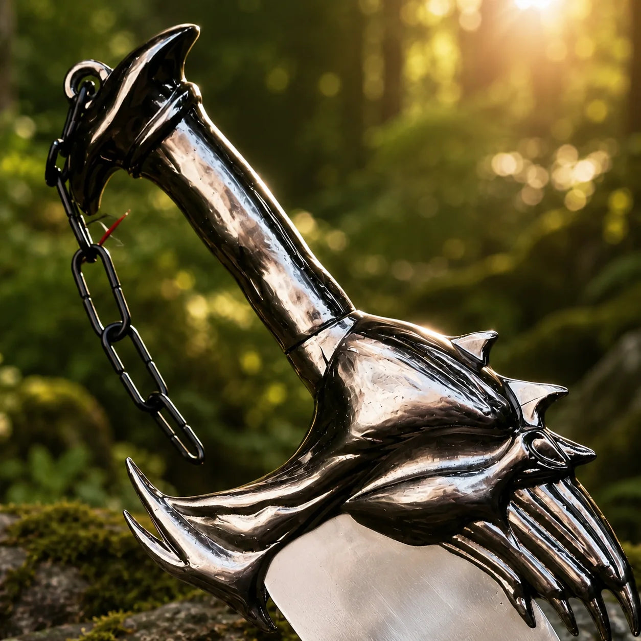 God of War Chaos Blades decorative prop replica held in gloved hand forest background