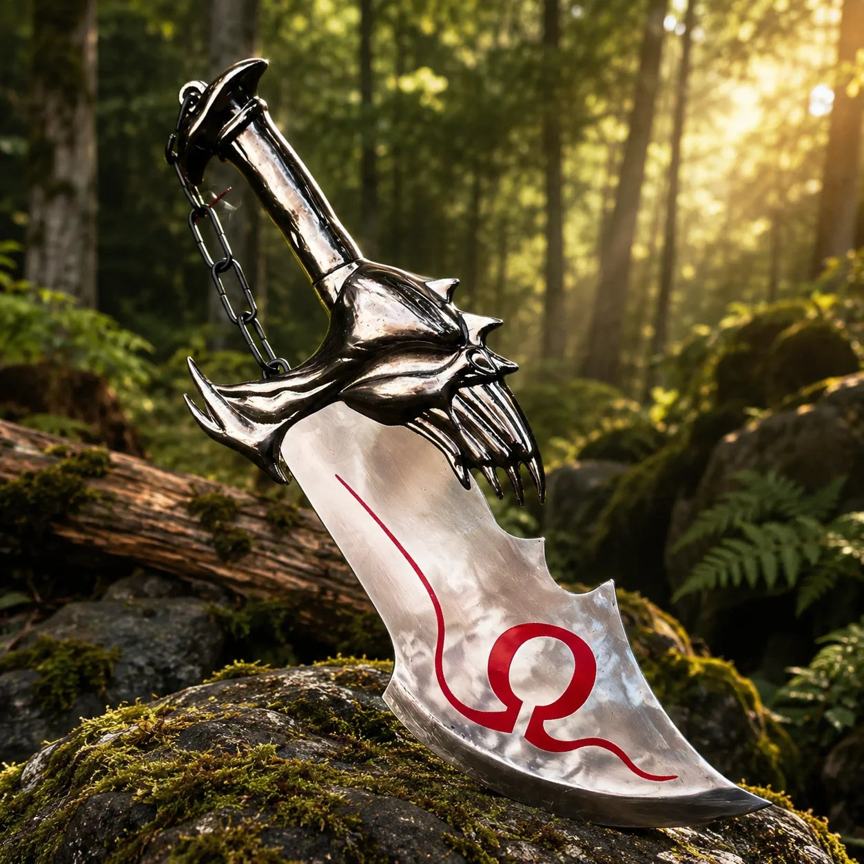 Kratos God of War prop replica Chaos Blades leaning on log with chain detail visible