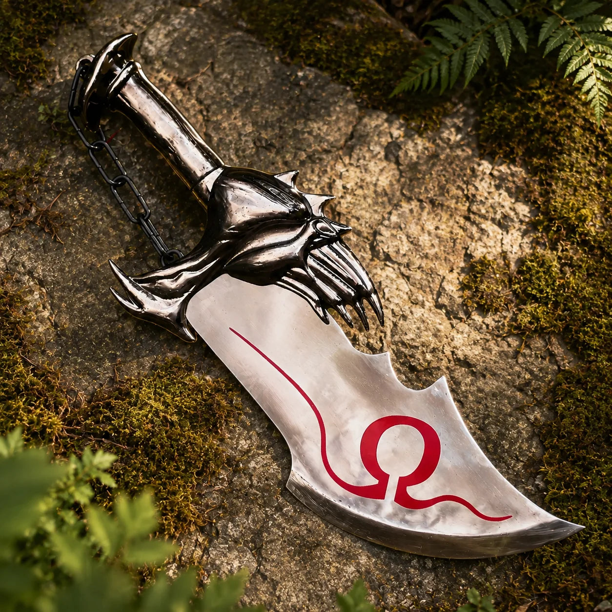 Close-up of Omega symbol on Kratos Chaos Blades God of War decorative prop replica blade