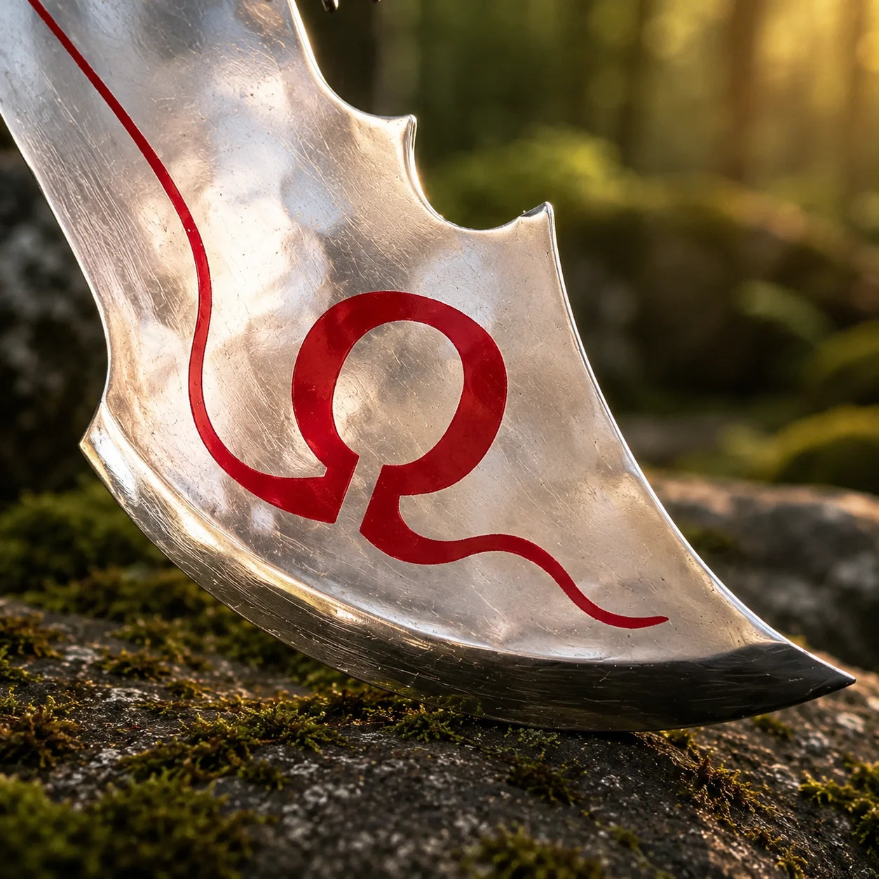Full blade view of Kratos God of War Chaos Blades prop replica with red Omega engraving