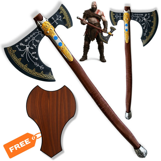 Kratos Leviathan Axe God of War prop replica with engraved black axe head, wooden handle and decorative wall display plaque