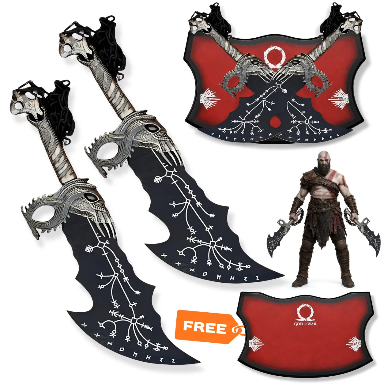 Kratos Norse black Blades of Chaos God of War prop replica set with engraved black blades, chained handles and red wall display plaque