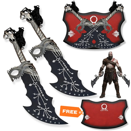 Kratos Norse black Blades of Chaos God of War prop replica set with engraved black blades, chained handles and red wall display plaque