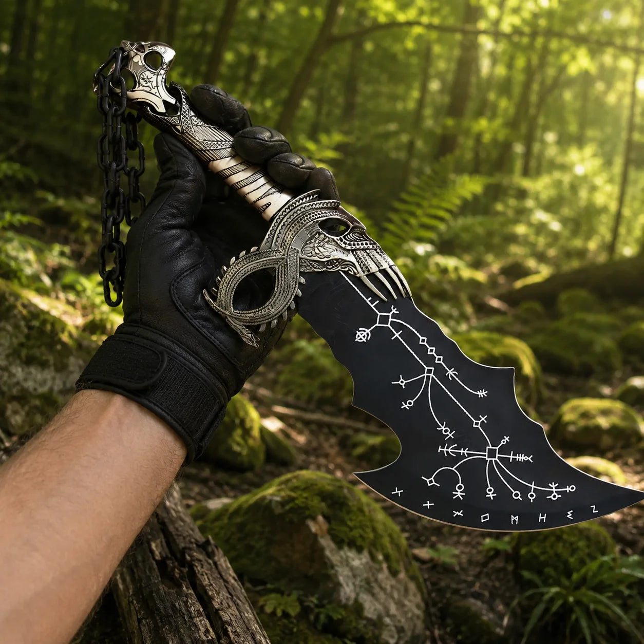 Kratos Norse black Blades of Chaos God of War prop replica held in black gloved hand in sunlit jungle showing full matte black curved blade with white runic constellation engravings and ornate silver dragon skull crossguard with black chain
