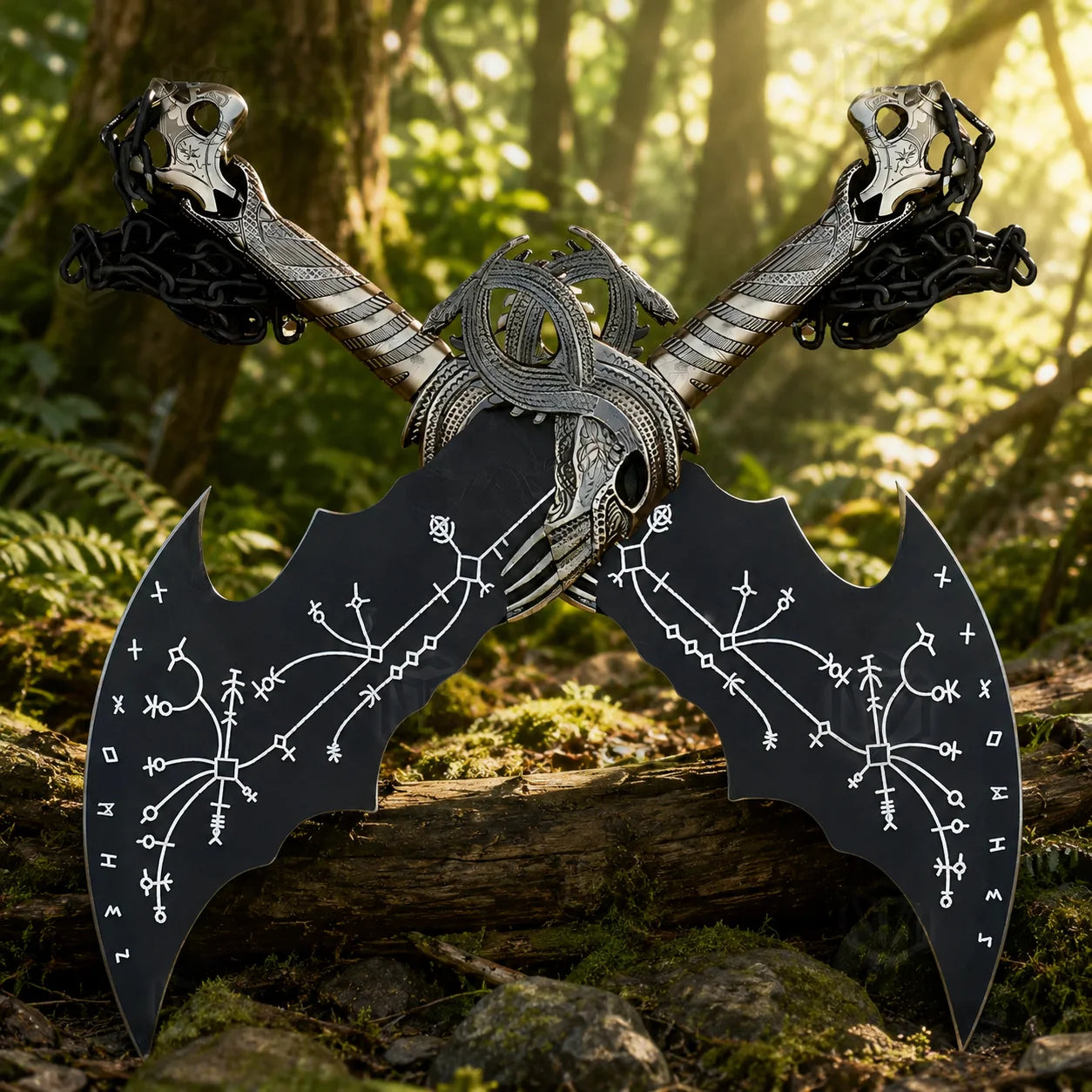 Pair of Kratos Norse black Blades of Chaos God of War prop replicas crossed on mossy log in forest showing twin matte black runic-engraved blades with ornate silver dragon skull crossguards and black chains in sunlit jungle background