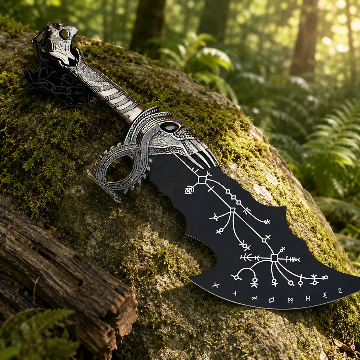 Single Kratos Norse black Blade of Chaos God of War prop replica resting on mossy rock in sunlit forest showing full curved matte black blade with white runic constellation map engravings and ornate silver dragon skull crossguard with black chain