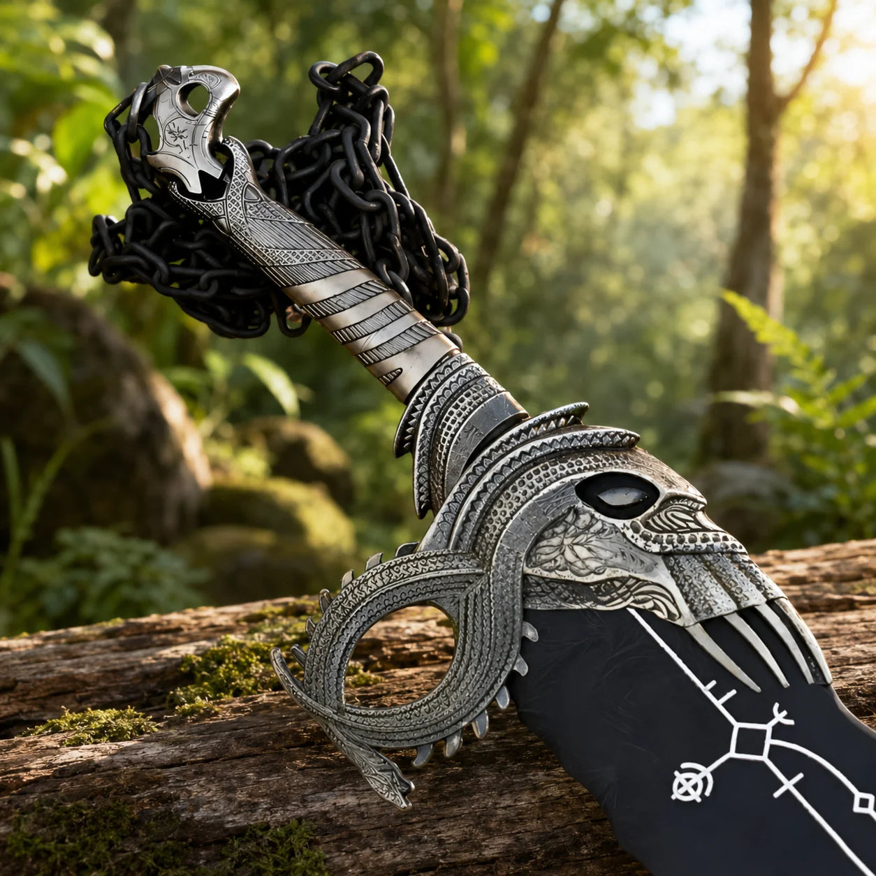 Close-up of Kratos Norse black Blade of Chaos handle and crossguard on mossy log showing ornate silver dragon skull pommel detailed scale-textured grip black chain links and intricate serpent-wrapped crossguard with black gemstone eye on God of War prop replica
