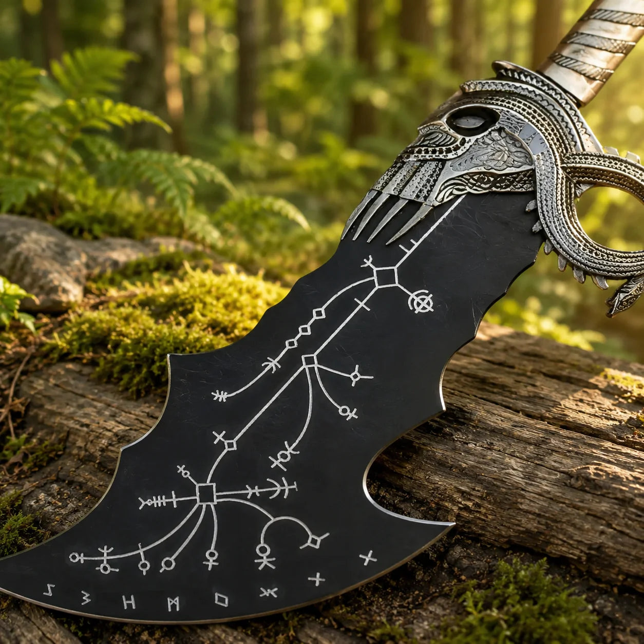 Close-up of Kratos Norse black Blade of Chaos flat on mossy log showing full white runic constellation map with Elder Futhark rune border diamond nodes and Norse symbols etched across matte black steel blade surface on God of War prop replica collectible