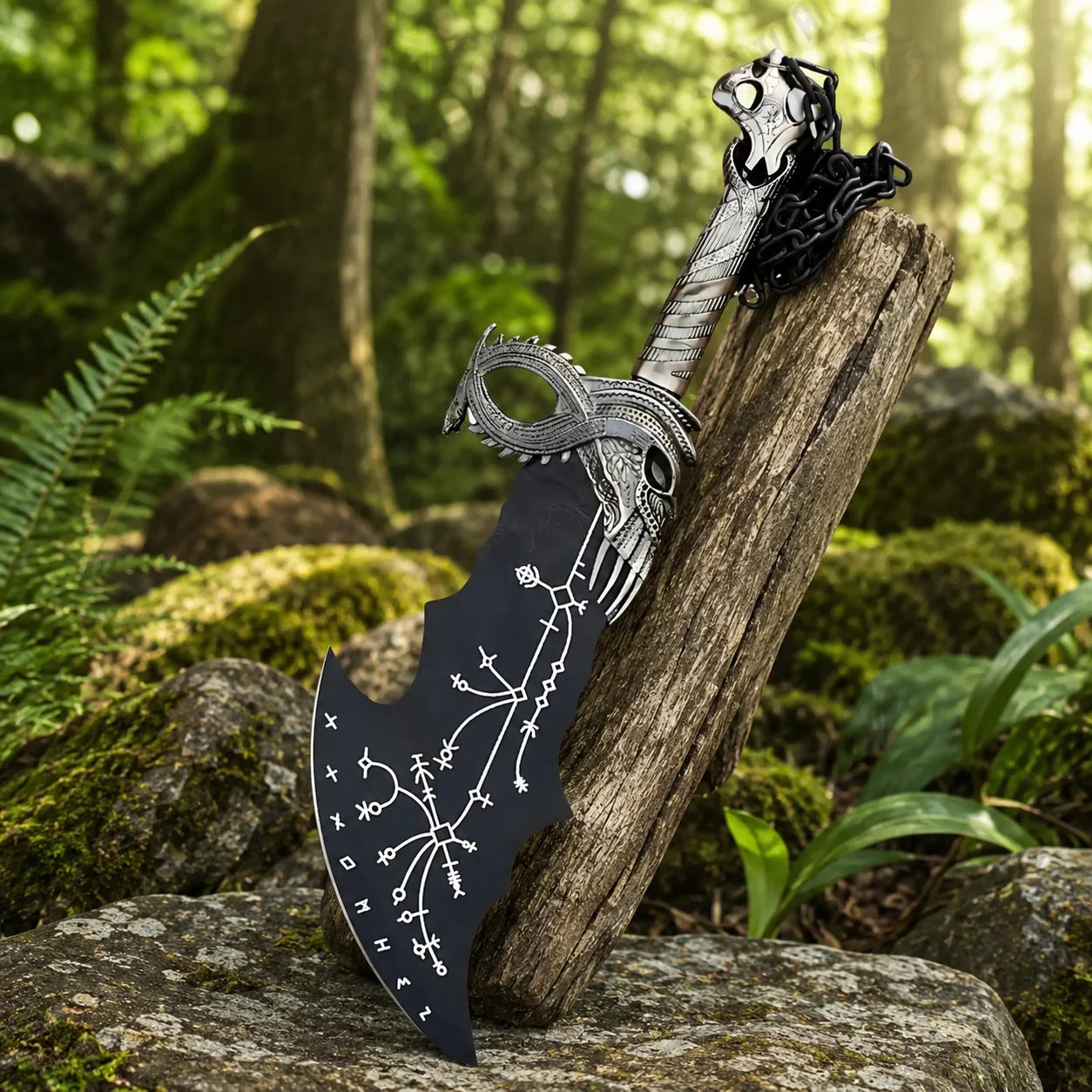 Kratos Norse black Blade of Chaos God of War prop replica leaning against mossy log in fern forest showing full curved matte black blade with white runic constellation engravings ornate silver dragon skull crossguard and black chain in sunlit jungle