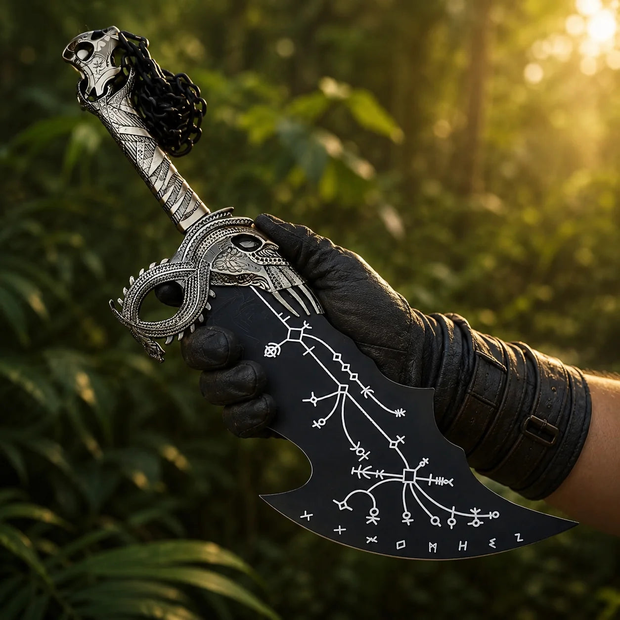 God of War Blade of Chaos fan-inspired prop replica displayed upright on mossy rock in forest setting