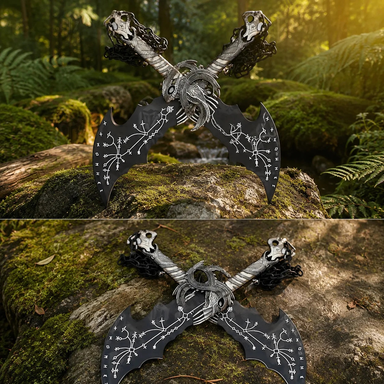 Close-up of Blade of Chaos prop replica showing Norse rune engravings on black display finish – God of War collectible