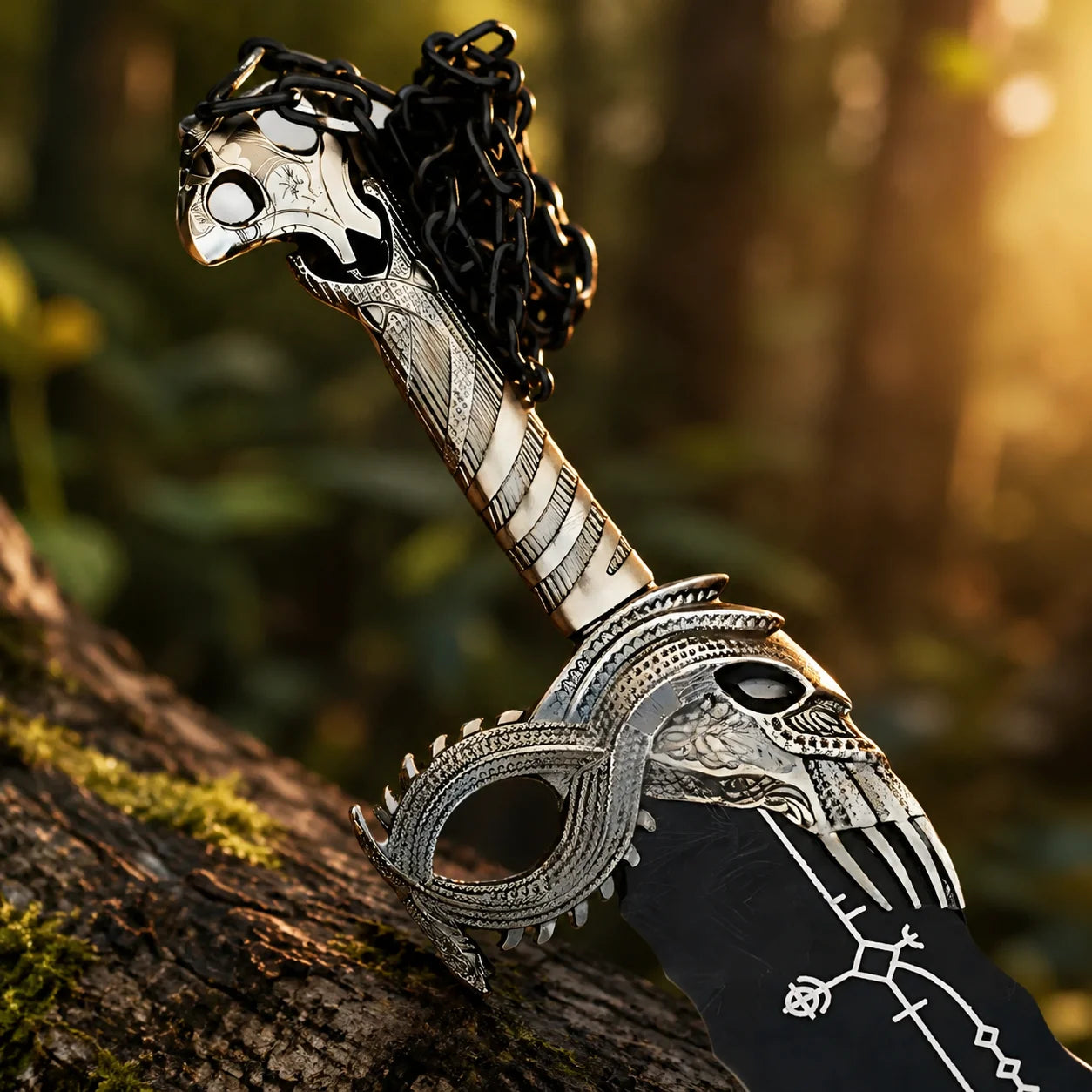 Close-up of Blade of Chaos prop replica crossguard with intricate dragon detailing and black gem – God of War collectible