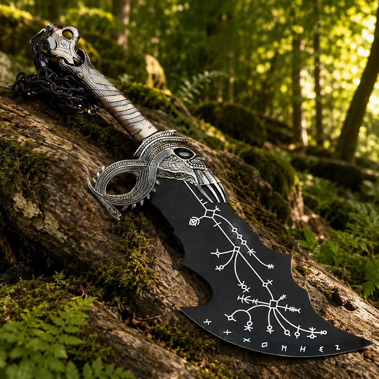 Detailed view of Kratos Blade of Chaos prop replica handle with decorative chain and dragon skull pommel – God of War