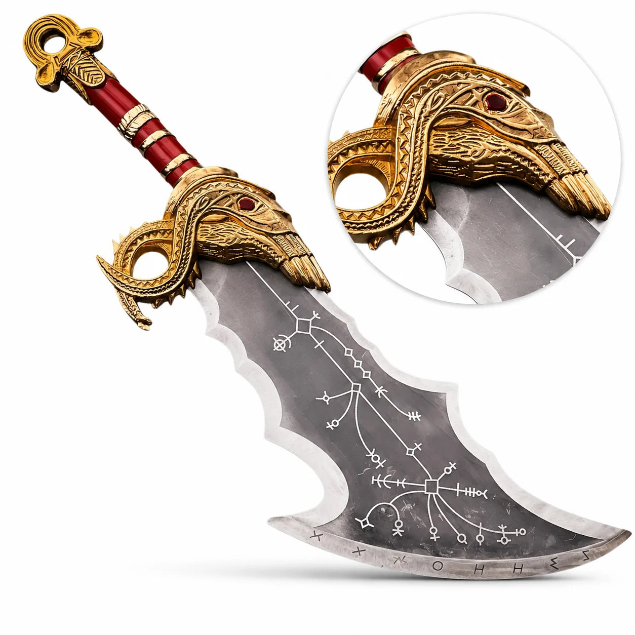Close-up of Blades of Chaos prop replica gold dragon guard with red gem detail – Kratos collectible