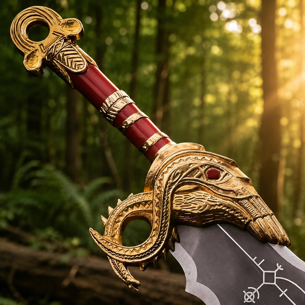 God of War Blades of Chaos prop replica showing full runic blade engraving on forest log
