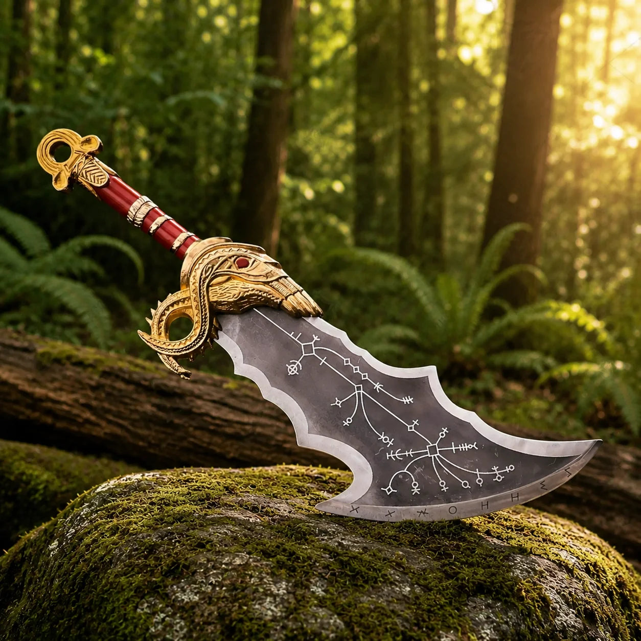 Blades of Chaos cosplay prop replica held in gloved hand – God of War fan collectible display