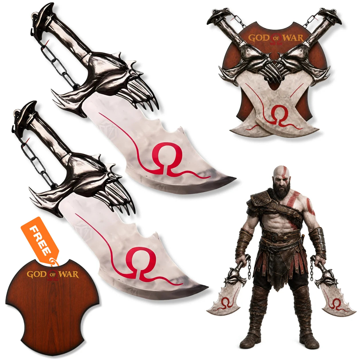 Kratos silver Blades of Chaos God of War prop replica set with chained handles, red Omega markings and wall display plaque