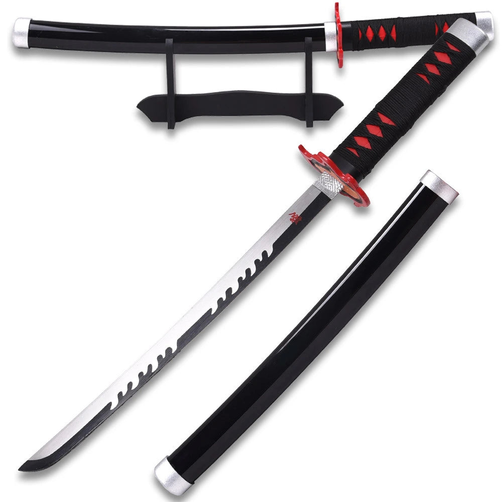 Full-length Tanjiro Kamado Black Nichirin prop replica showing black blade finish, wrapped handle and scabbard