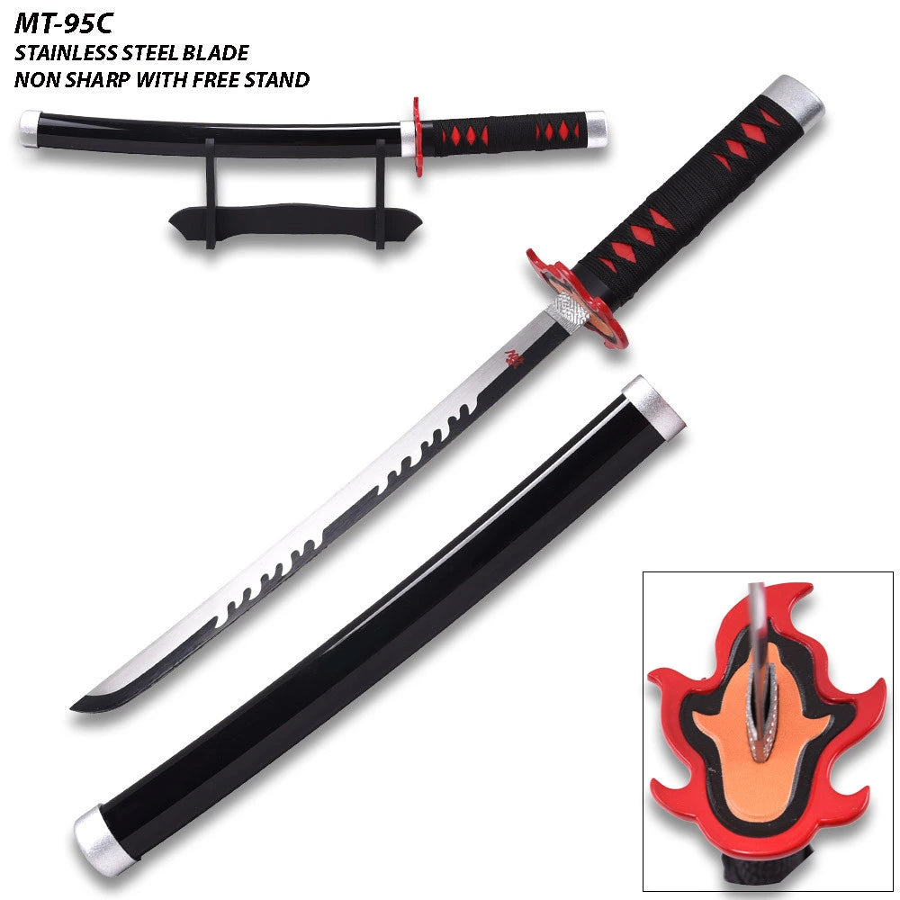 Tanjiro Kamado Demon Slayer prop replica displayed on included stand beside its matte black wood scabbard