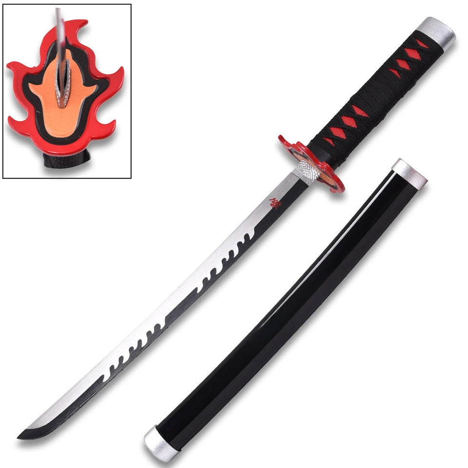 Close-up of Tanjiro Kamado Black Nichirin prop replica handle with black wrap, red underlay and detailed guard