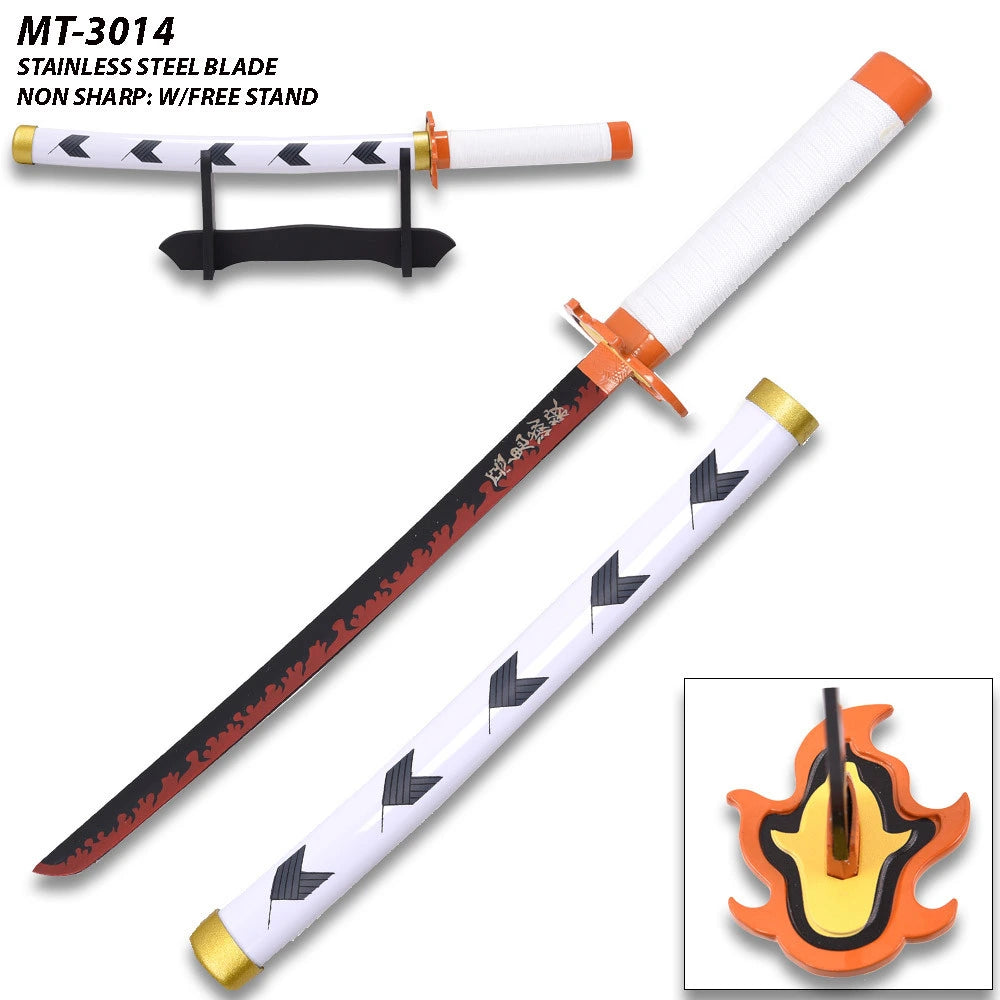 Demon Slayer Kyojuro Rengoku Red Nichirin display collectible displayed with its matching decorative scabbard and presentation stand, creating an impressive centerpiece for anime room décor, gaming setups, collector cabinets, cosplay photography, and themed display shelves.