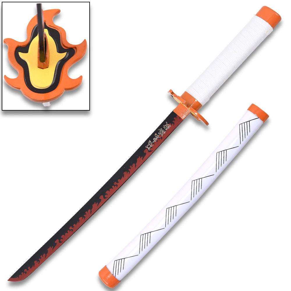 Full-length Kyojuro Rengoku Red Nichirin display collectible from Demon Slayer showcasing the distinctive Flame Hashira design, elegant decorative fittings, premium display finish, matching scabbard, and presentation-ready craftsmanship for anime collectors.