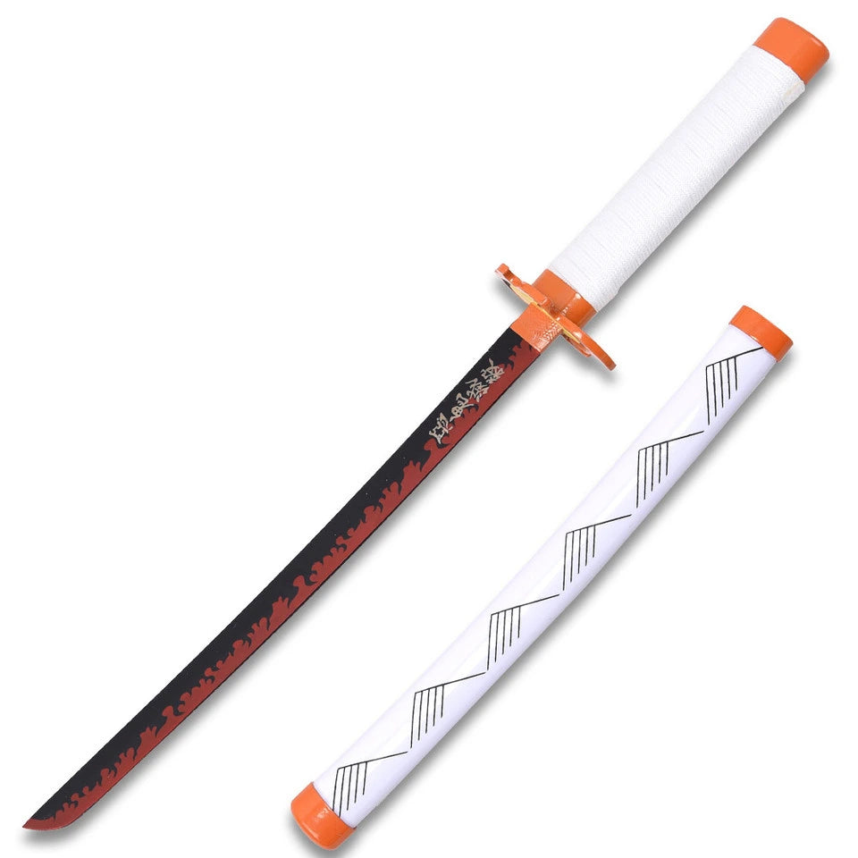 Kyojuro Rengoku Red Nichirin display collectible inspired by Demon Slayer featuring a premium carbon steel display finish, flame-inspired decorative guard, matching scabbard, and collector-quality craftsmanship for anime enthusiasts, cosplay displays, and premium collections.