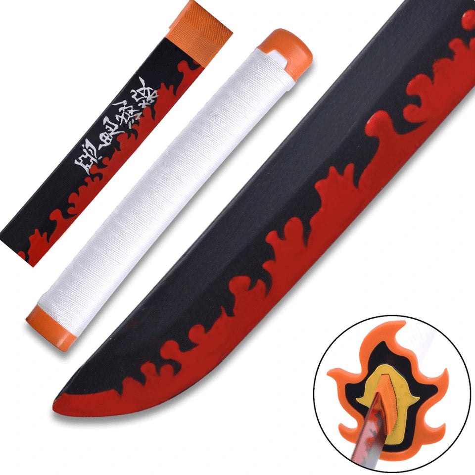 Rengoku flame-design wooden Sword with coordinated scabbard displayed for Demon Slayer fans and collectors