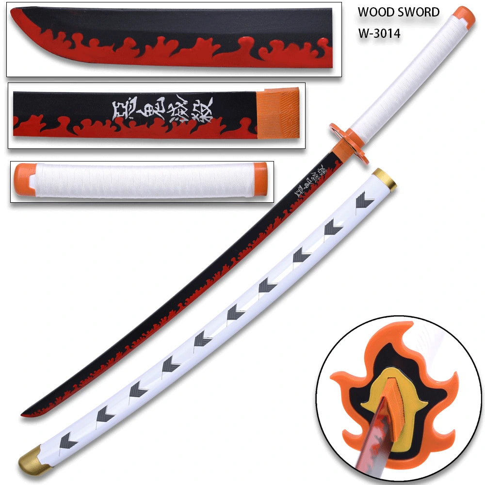 Demon Slayer Kyojuro Rengoku Sword featuring red and black flame detailing with blue-accented wrapped handle