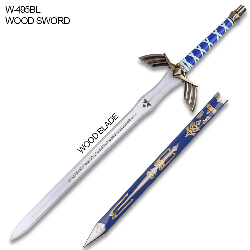 Full set view of Legend of Zelda W-495BL wooden Master Sword with wood blade, blue Hylian scabbard with gold motifs, bronze winged crossguard, and blue wrapped handle
