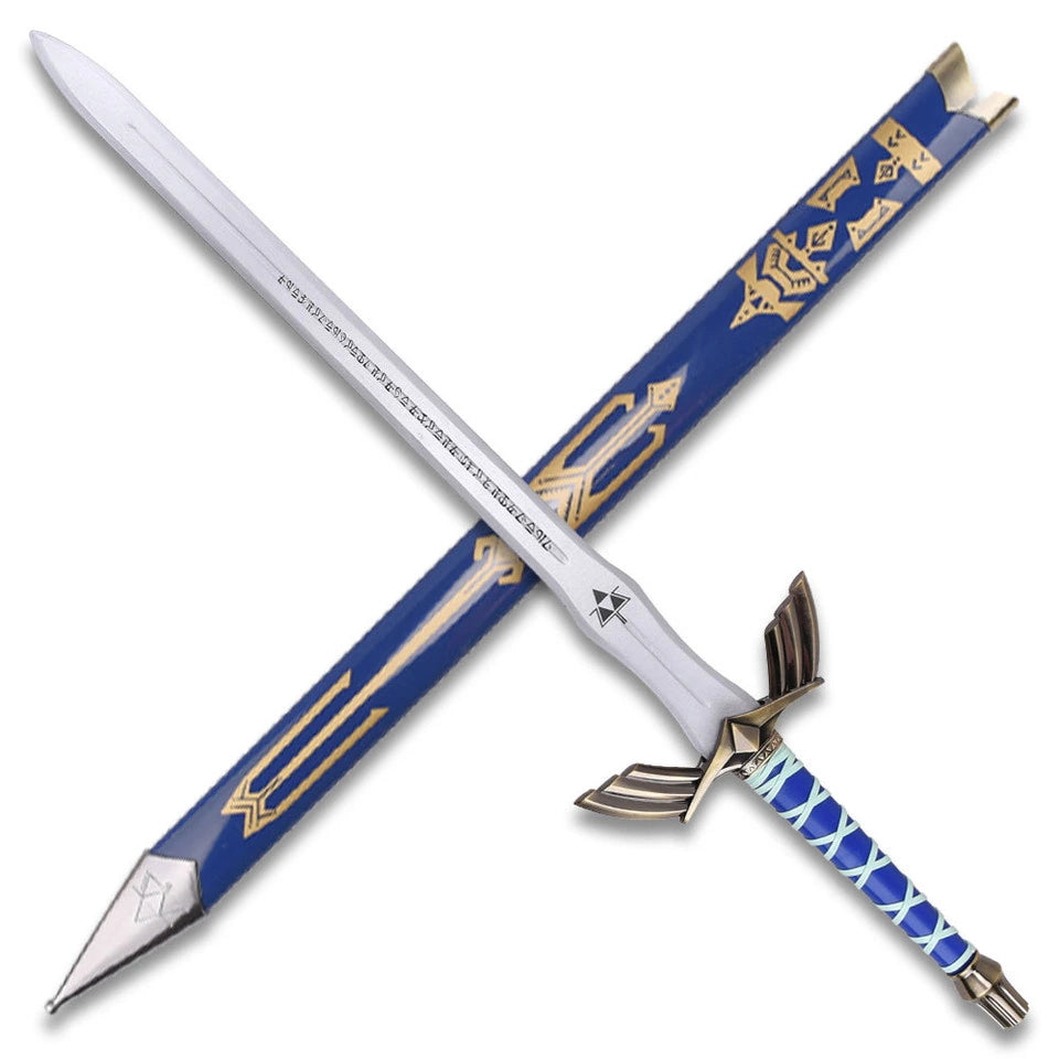 Legend of Zelda Master Sword wooden training sword crossed display showing white blade with Hylian script, bronze winged guard, and blue cord-wrapped grip
