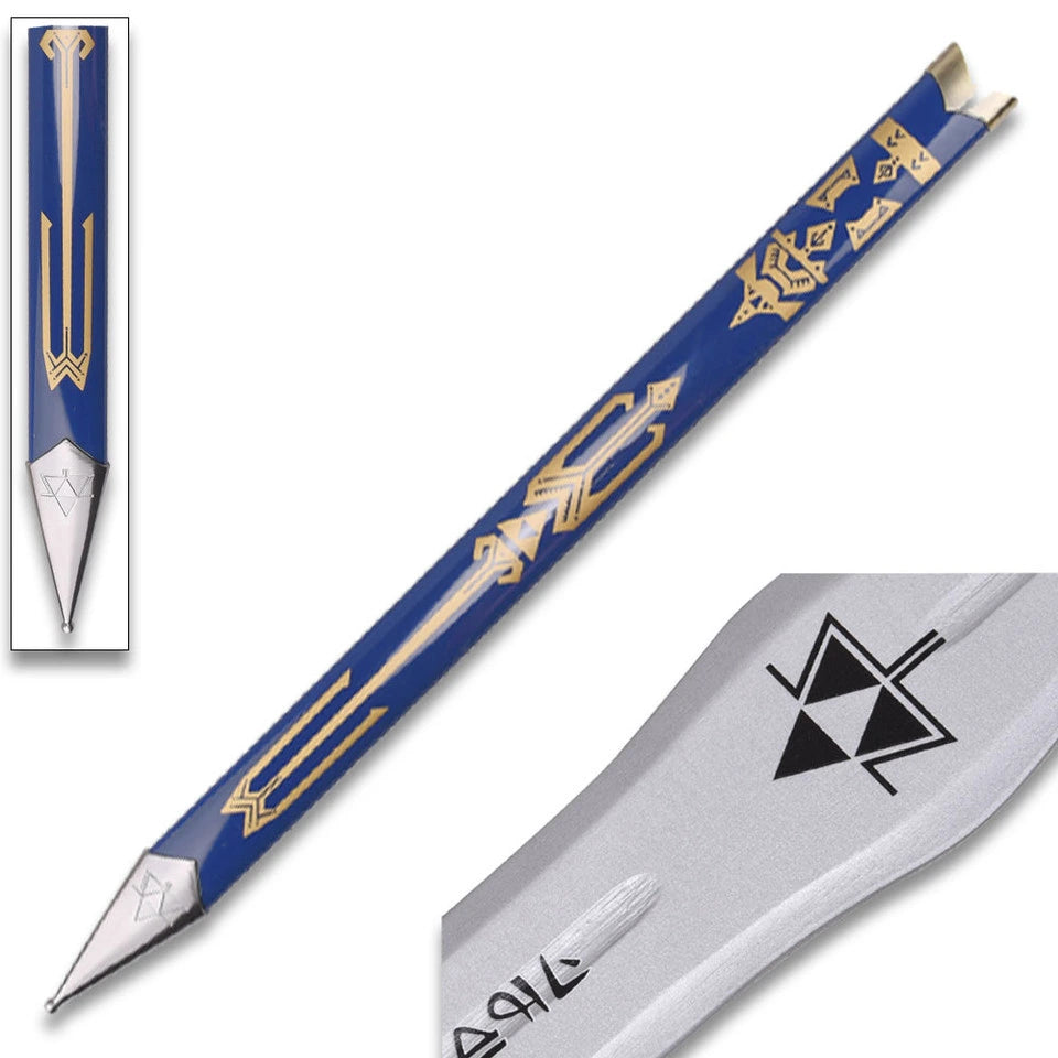 Legend of Zelda Master Sword wooden training sword with blue gold-etched scabbard crossed over white blade, featuring Triforce emblem and Hylian rune inscriptions