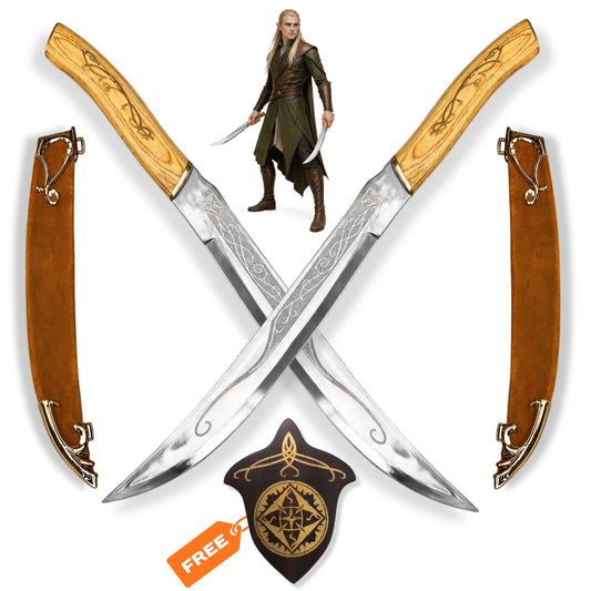 Legolas Greenleaf Elven dual knives LOTR prop replica with twin sheaths and decorative wall display plaque