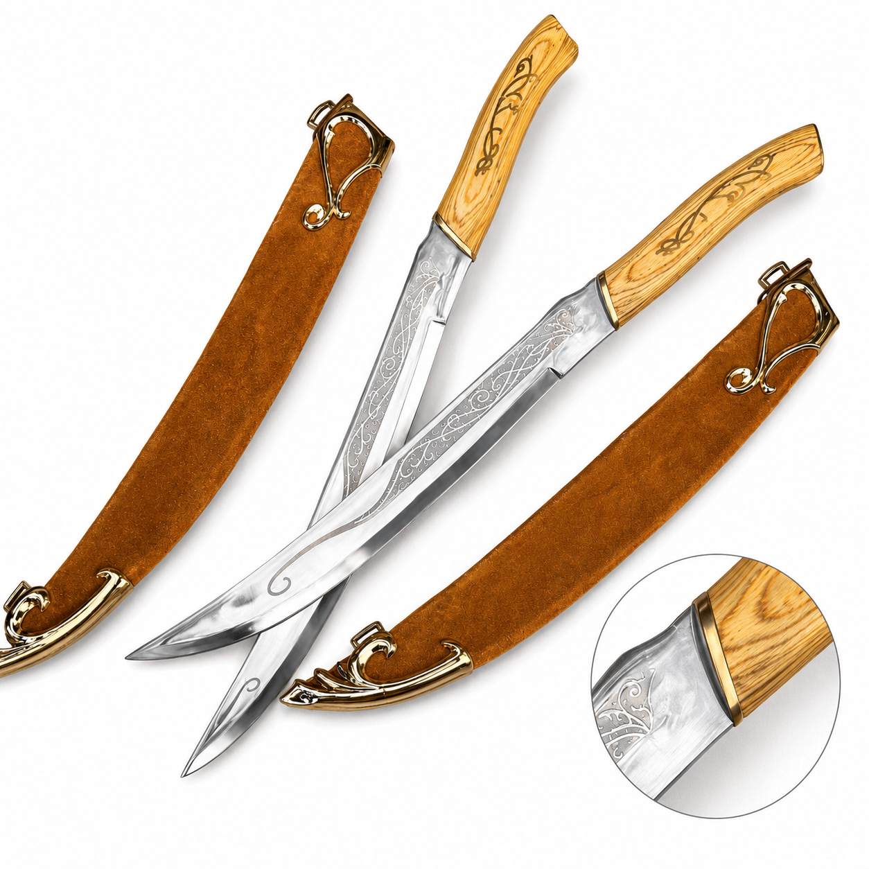 Legolas Greenleaf elven dual knives prop replica set crossed on mossy log with 2 free brown suede scabbards ornate gold fleur-de-lis scroll tip fittings loop quillon fittings natural light oak wood-grain handles with etched elven vine scroll engravings and polished silver blades with intricate elven scrollwork – LOTR display collectible