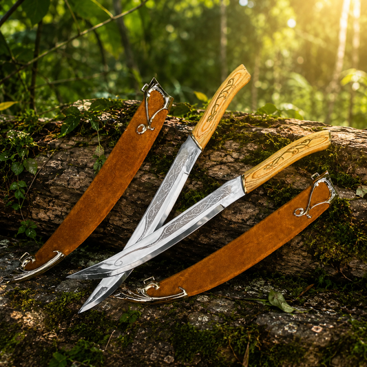 Legolas Greenleaf elven dual knives prop replica set on large mossy rock with 2 free brown suede scabbards ornate gold scroll tip fittings natural light oak wood-grain handles with etched elven vine engravings polished silver blades with intricate scrollwork and yellow berry branches – Lord of the Rings fan gift