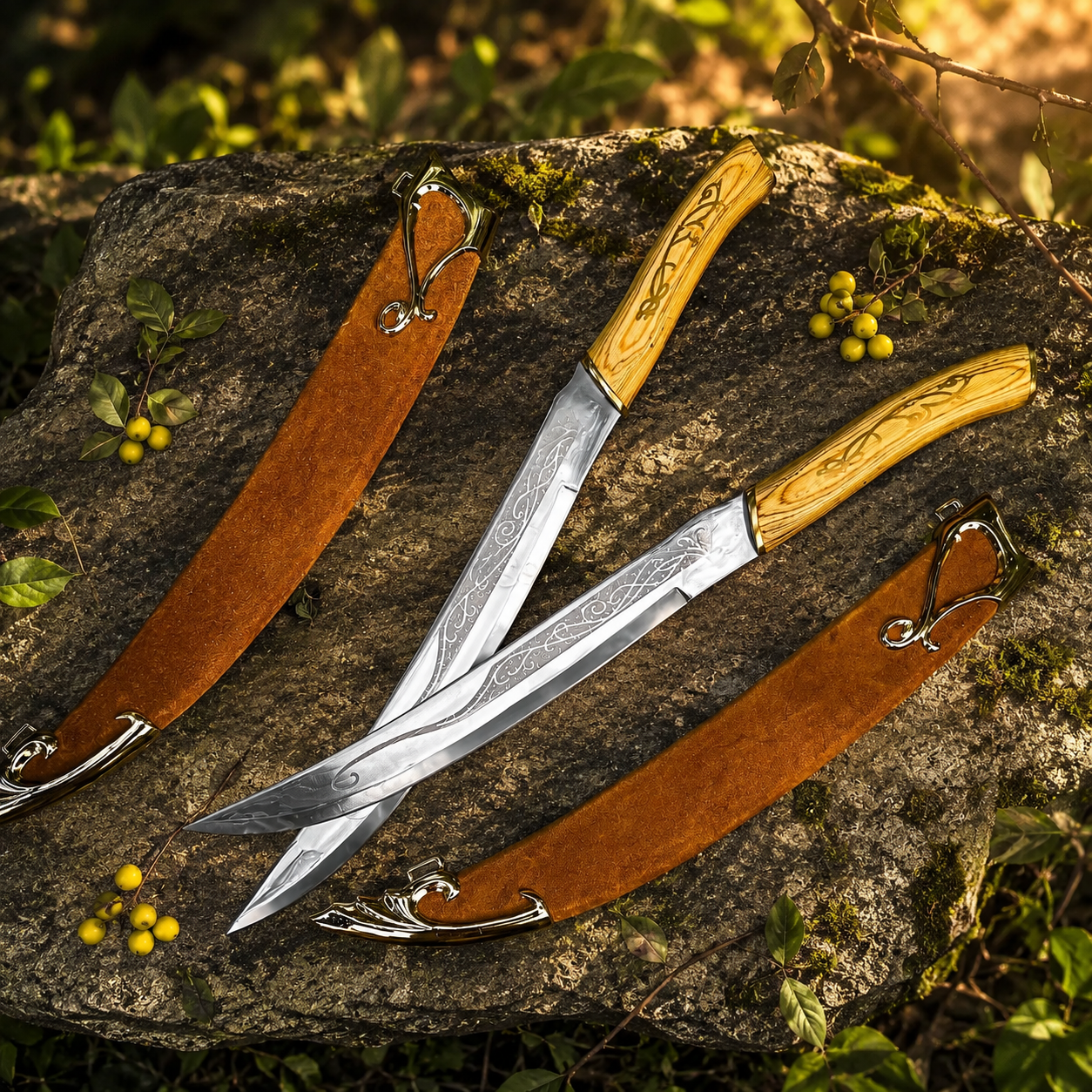 Legolas Greenleaf elven dual knives prop replica close-up macro of natural light oak wood-grain handle with deeply etched elven vine scroll engravings gold brass bolster collar and beginning of polished silver blade with etched elven scrollwork on mossy log in warm golden sunlit forest bokeh – LOTR Legolas elven knives collectible