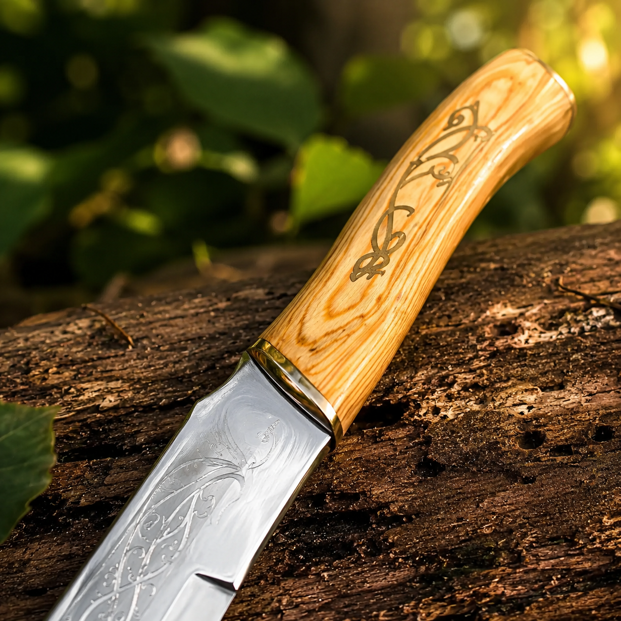 Legolas Greenleaf elven dual knives prop replica close-up macro of polished silver blade with intricate etched elven scrollwork vine engravings and spiral curl tip on mossy log in warm golden forest bokeh – Mirkwood elf knives display collectible