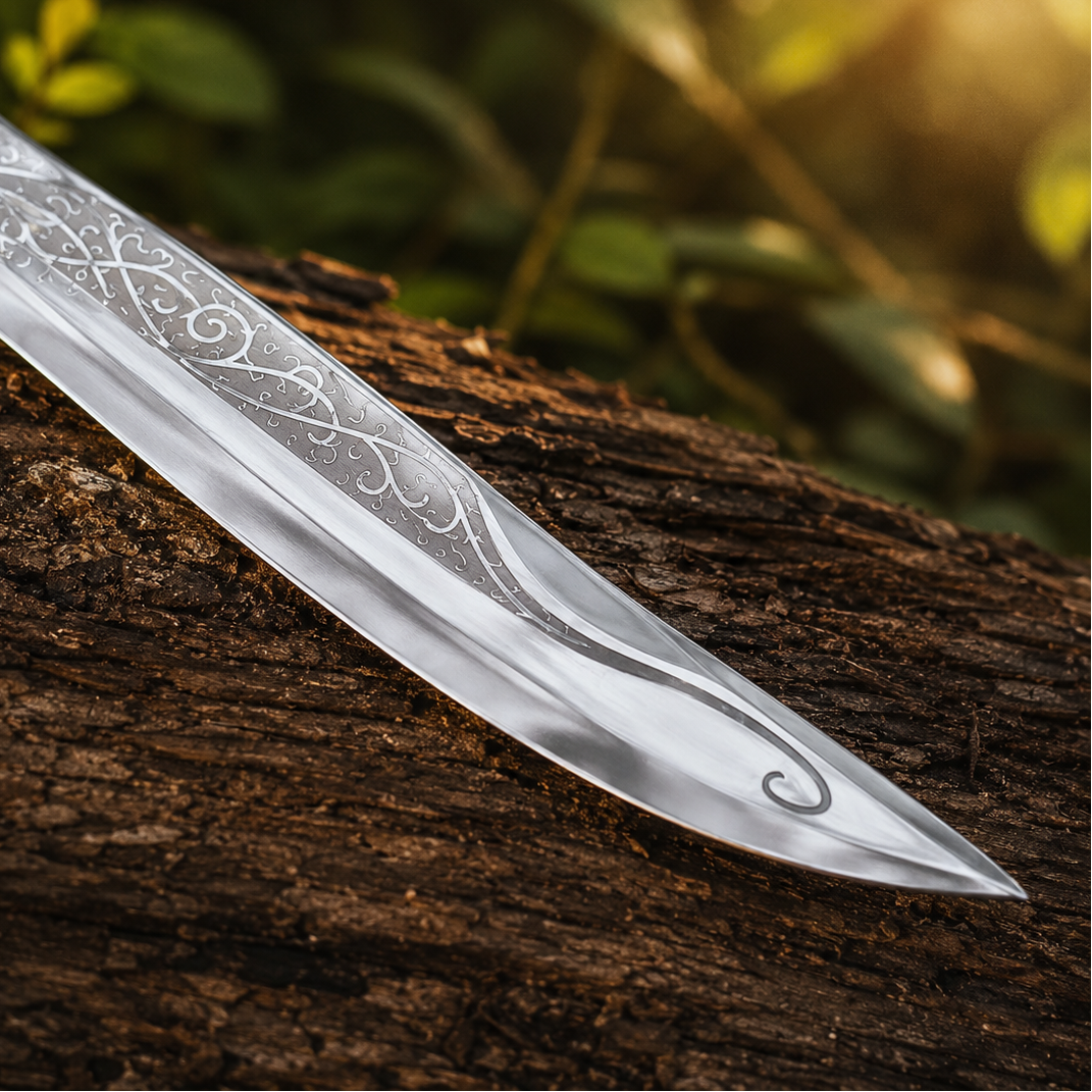 Legolas Greenleaf elven dual knives prop replica set alternate hero angle on large fallen log with 2 free brown suede scabbards ornate gold scroll tip fittings natural light oak wood-grain handles with etched elven vine engravings and polished silver blades with intricate elven scrollwork – LOTR elven knives wall display