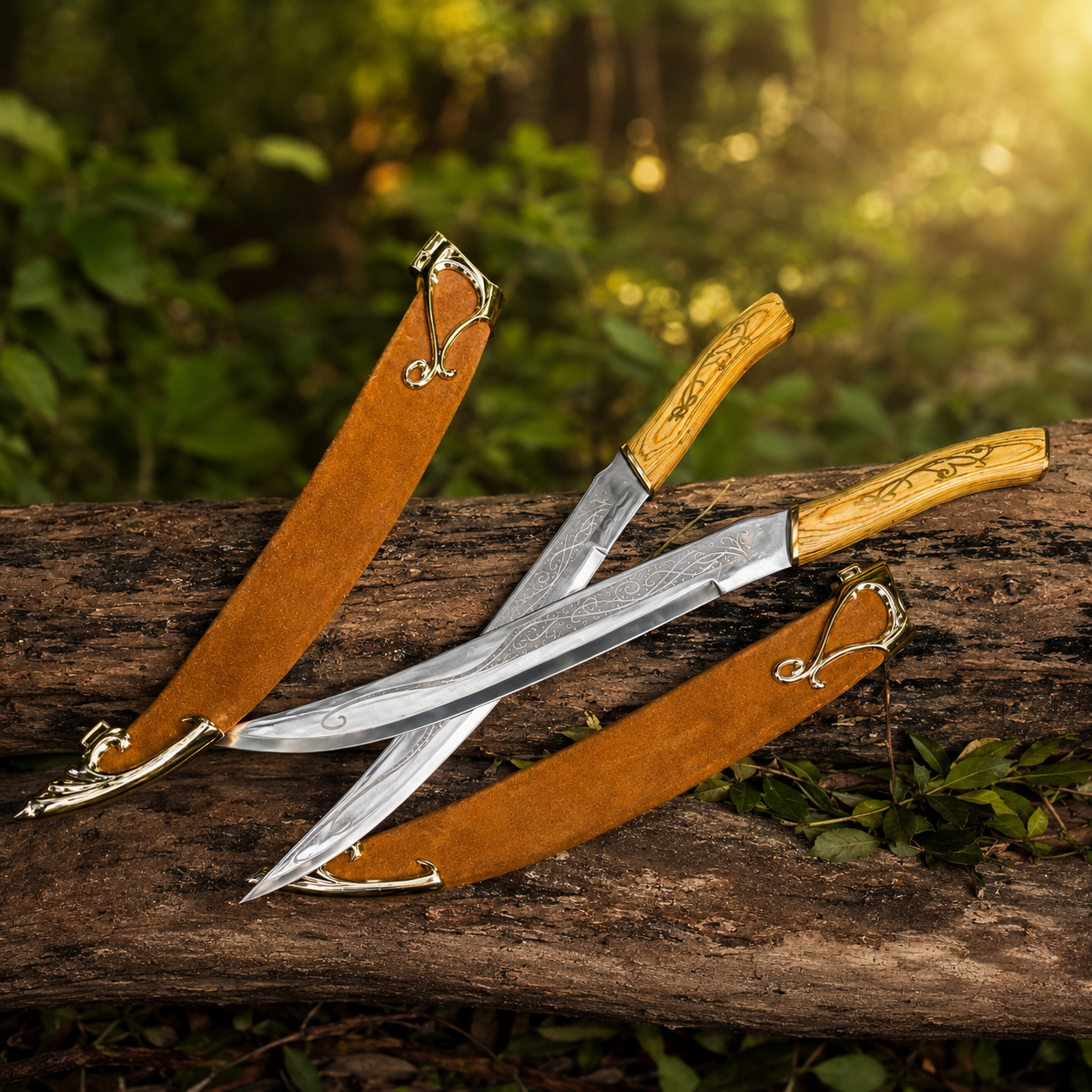 Legolas Greenleaf elven dual knives prop replica held in gloved hand showing ornate gold scroll loop quillon crossguard natural light oak wood-grain handle with etched elven vine engravings polished silver blade with intricate elven scrollwork and free brown suede scabbard on log with yellow berry branch – LOTR cosplay prop