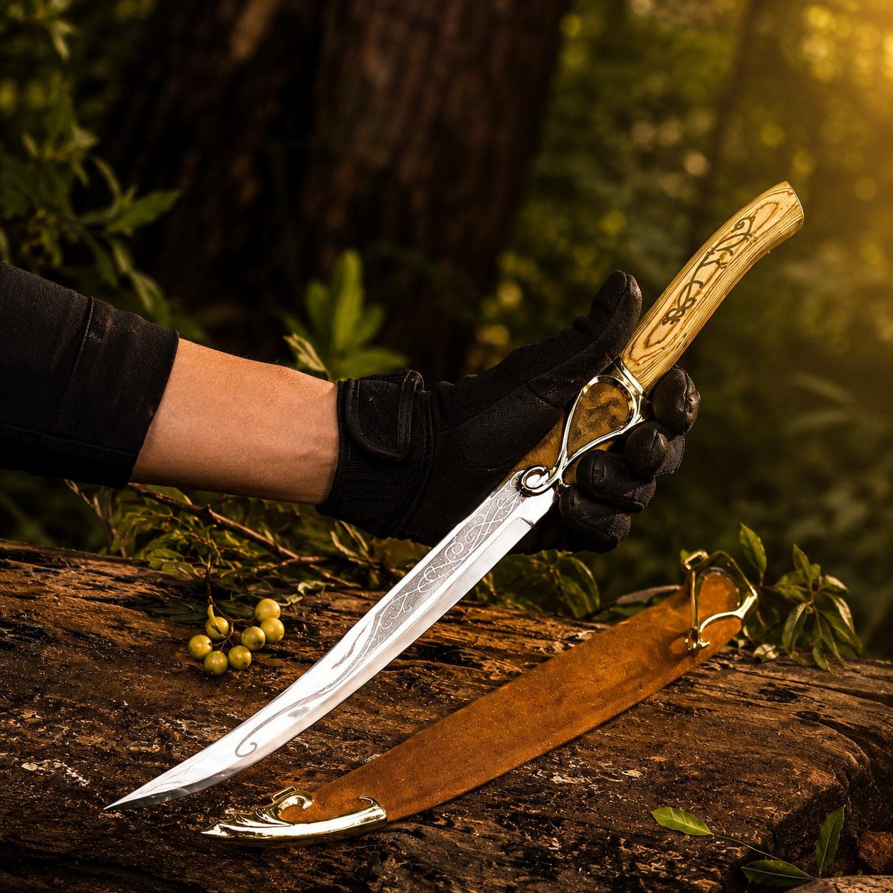 Legolas Greenleaf elven dual knives prop replica set additional full view showing both polished silver blades with intricate etched elven scrollwork vine engravings natural light oak wood-grain handles with deeply etched elven vine engravings gold brass bolster collars ornate gold scroll loop quillon crossguards and 2 free brown suede scabbards – Lord of the Rings Legolas collectible