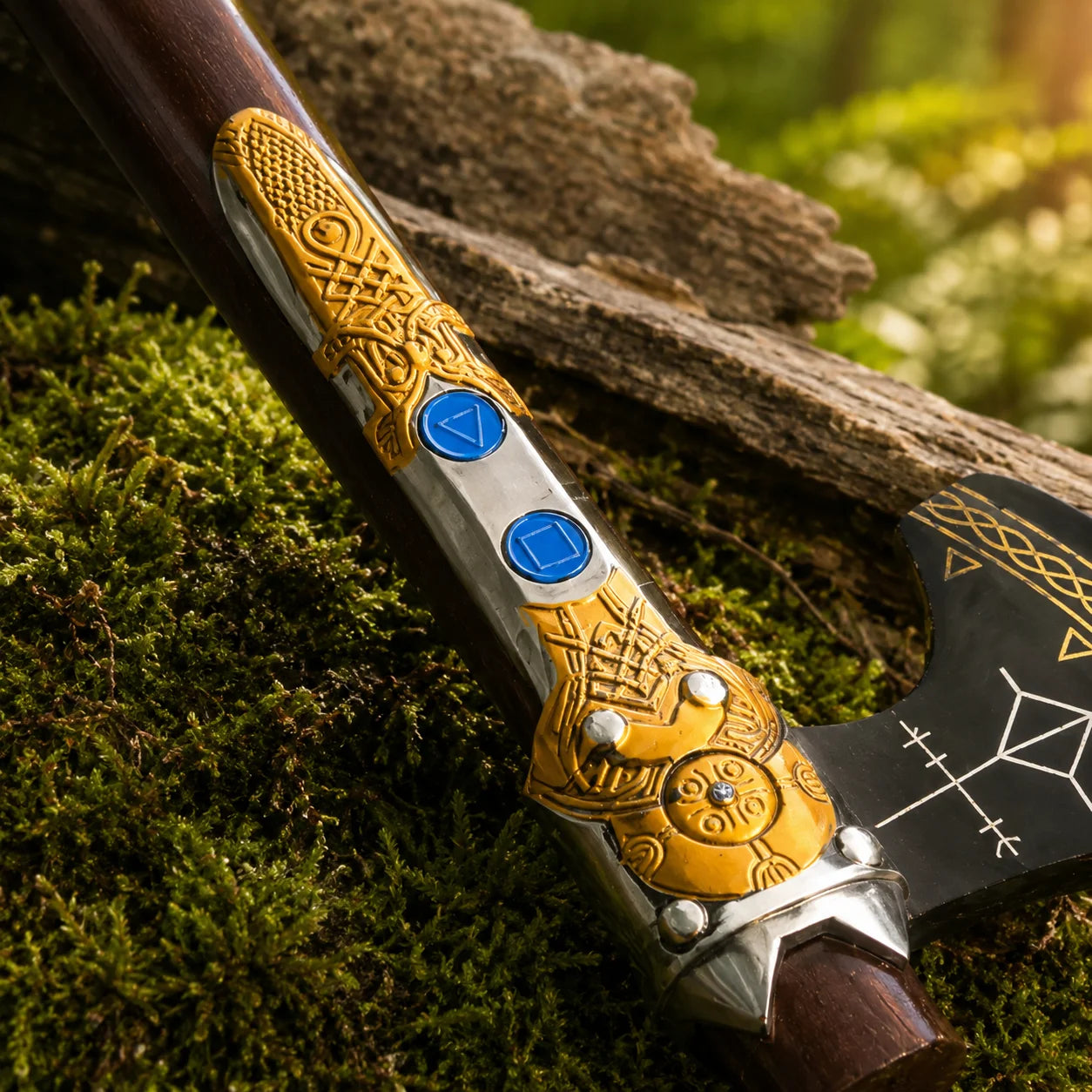God of War Leviathan Axe prop replica gold handle with blue gem accents detail view
