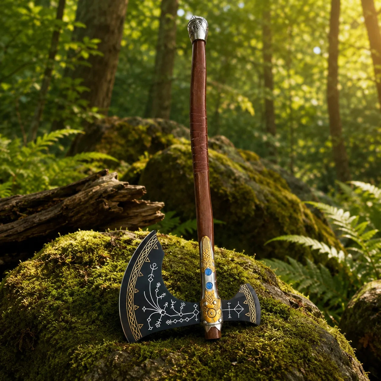 Kratos Leviathan Axe God of War display collectible full length standing on mossy rock