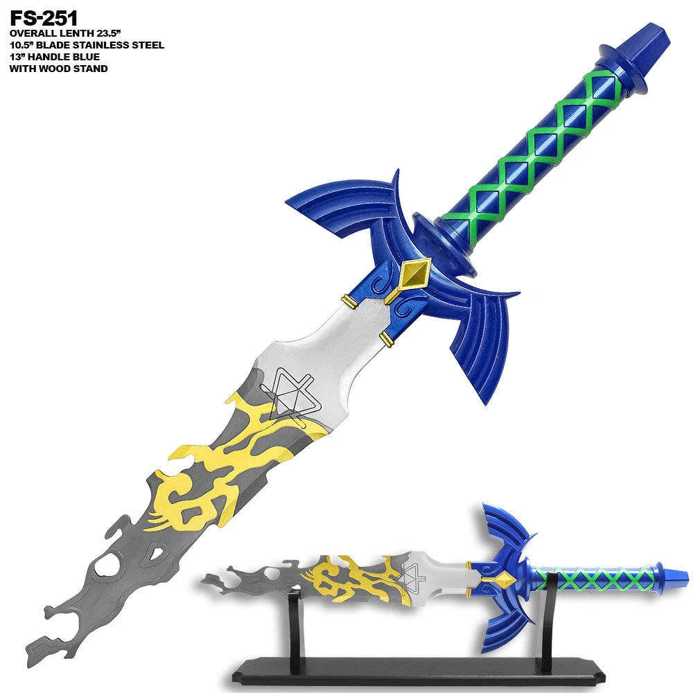 Detailed Link Broken Master Sword collectible inspired by Zelda Tears of the Kingdom highlighting premium stainless steel craftsmanship, elegant decorative engravings, weathered fantasy blade profile, textured collector grip, emerald accents, and premium display finish for dedicated Zelda collectors.