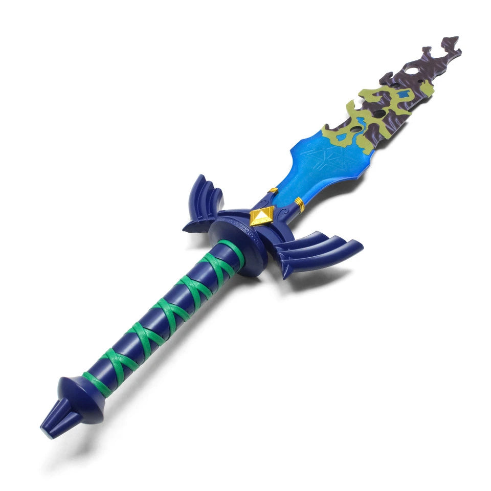 Close-up of the Link Broken Master Sword display collectible showcasing the iconic damaged blade, intricate engraved detailing, emerald-inspired decorative accents, textured ergonomic handle, and premium craftsmanship inspired by Zelda Tears of the Kingdom.