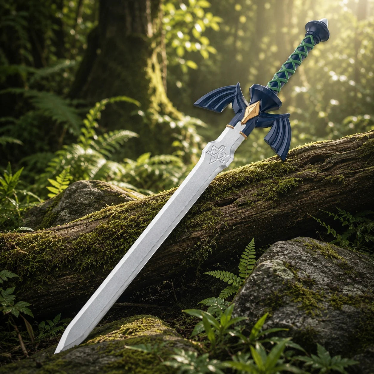 Legend of Zelda Master Sword decorative prop replica leaning on forest log with Hyrule crest blade detail