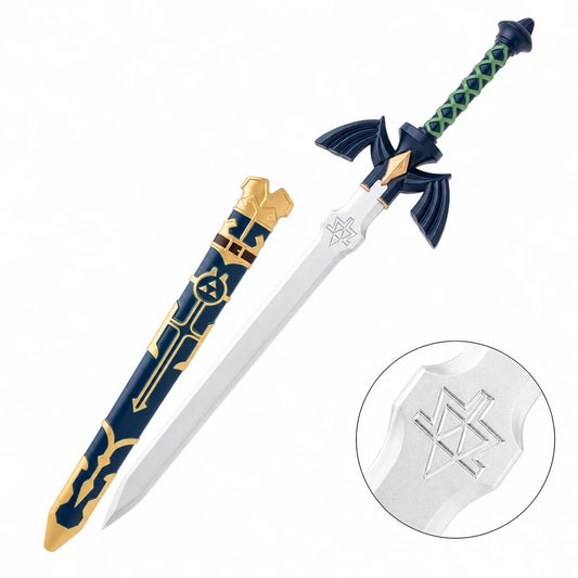 Link Master Sword prop replica full view with navy blue scabbard – Legend of Zelda display collectible