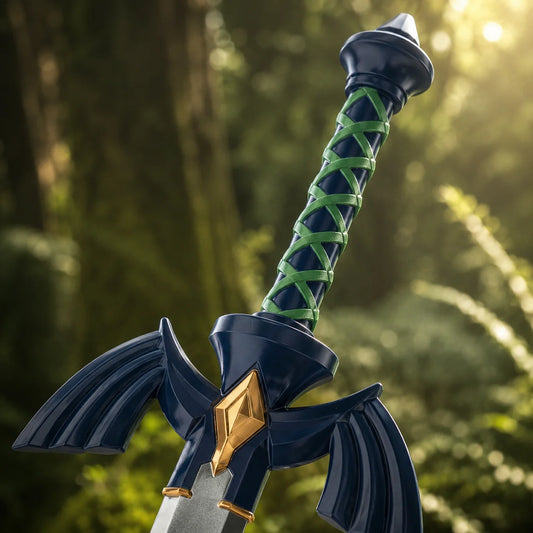 Link Master Sword prop replica close-up of green wrapped handle and navy crossguard – Zelda collectible