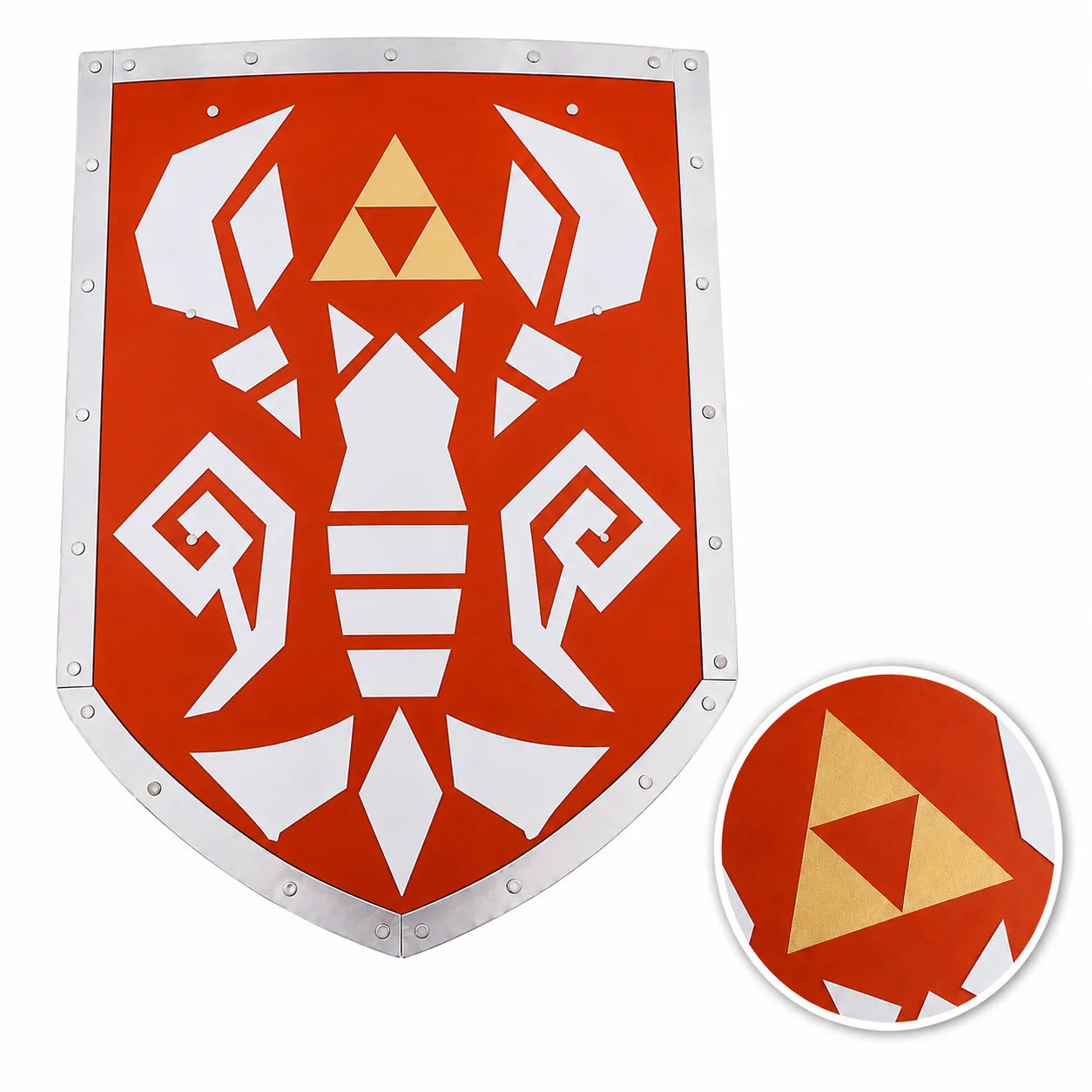Zelda Phantom Hourglass Shield cosplay prop resting on mossy rock in forest setting