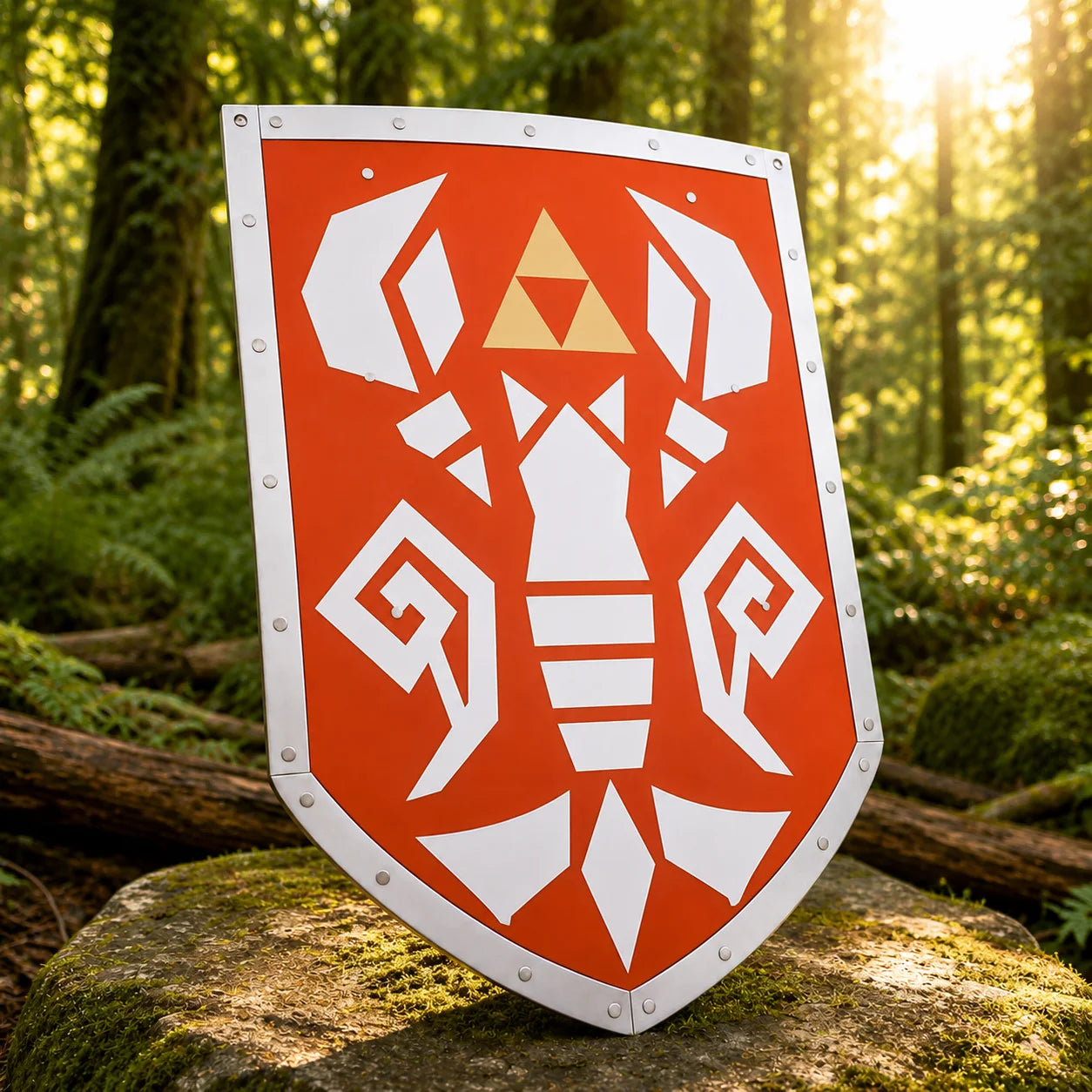 Link shield prop replica full front view on rock – Zelda fan gift display collectible